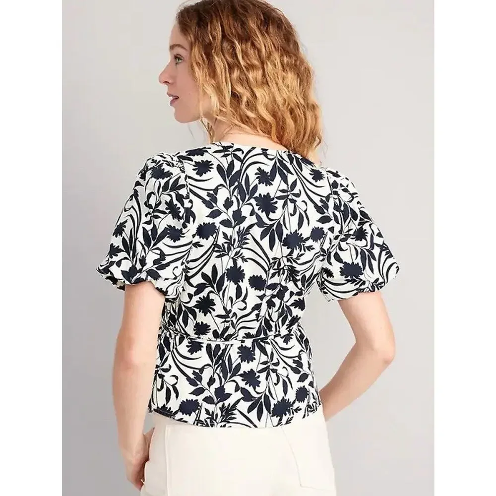 Old Navy Waist Defined Floral Puff Sleeve Tie-Wrap Blouse Small Petite Cottage
